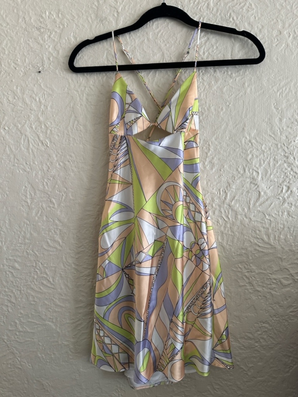 Zara Satin Cut Out Center Yellow Lilac Lime Pattern Mini Dress Medium - Picture 4 of 7